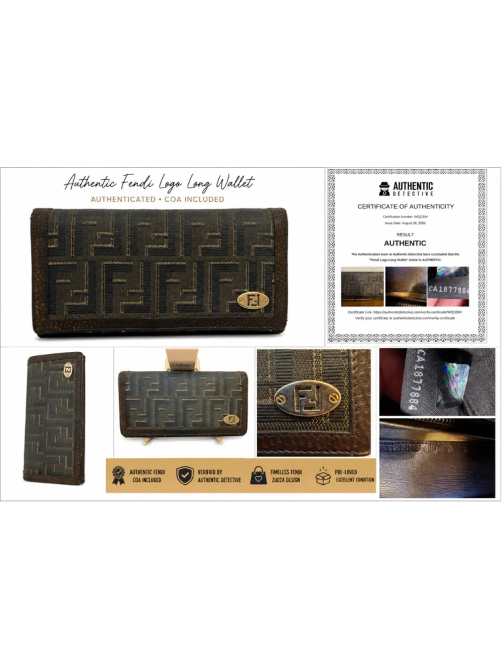 Authentic Fendi Zucca FF Logo Long Wallet Brown Vintage Continental COA